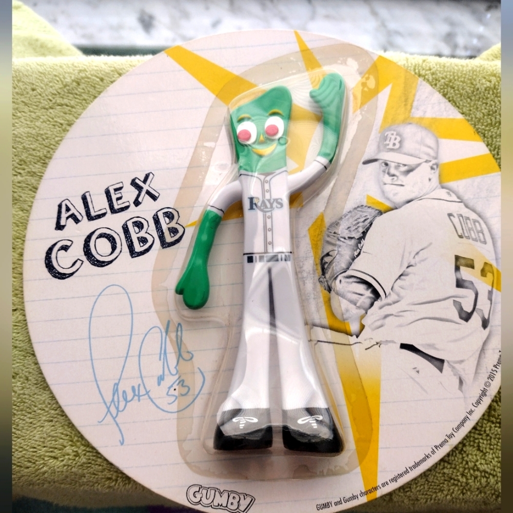 RARE Alex Cobb Autographed On Card Gumby Figurine w/ Tampa Bay Rays Uniform 2015